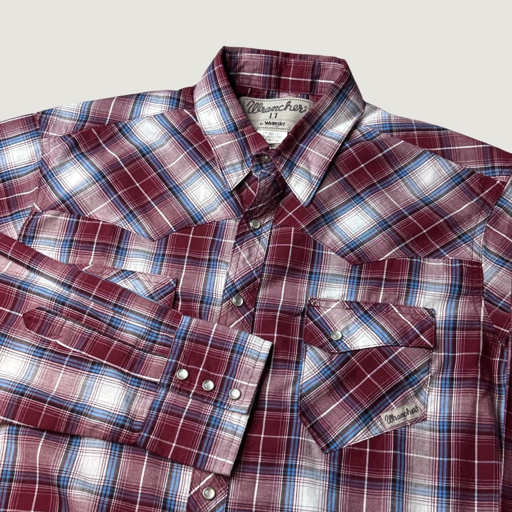 Wrangler Shirt Mens LT Wrancher Burgundy Plaid Western Pearl Snap MTW1199